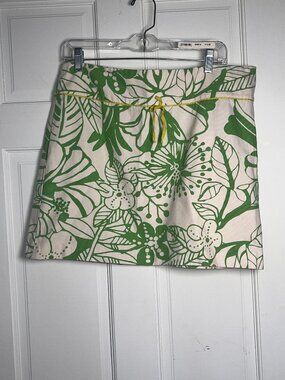 J.Crew Green Tropical Botanical Print Cotton Skirt Lime Piping Size 12
